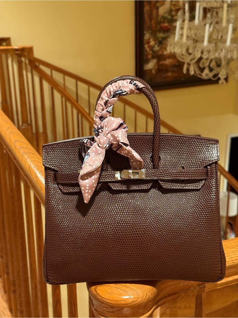 Embossed Brown Lizard  Top-Handle Satchel with SHW with Scarf Accent

25CM